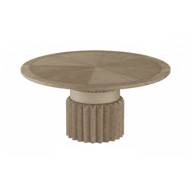 A contemporary round dining table crafted from light-toned wood, featuring a substantial fluted pedestal base. The tabletop presents a radial wood grain pattern, while the cylindrical base includes a lower section with pronounced vertical fluting and an upper, slightly narrower band with a subtle woven or textured finish, all in a cohesive natural wood hue. — 3D model (AI enhanced source)