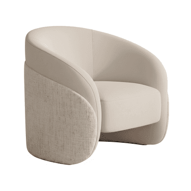 A contemporary upholstered barrel armchair featuring a continuous curved back and armrests, with a two-tone material application. The upper and inner surfaces are upholstered in a smooth, light beige material, while the lower exterior of the chair is covered in a contrasting textured cream-colored fabric. — 3D model (AI enhanced source)