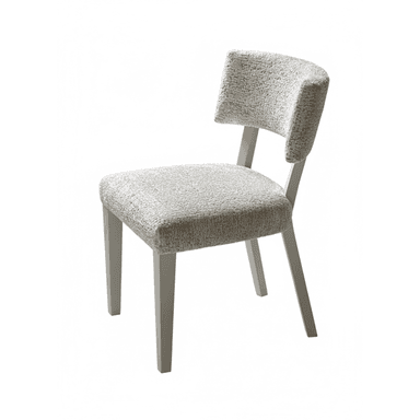 An armless dining chair featuring a light-colored, textured upholstered seat and a distinctively curved, wraparound backrest. The chair is supported by four straight, tapered legs, finished in a light grey or off-white color, matching the general light aesthetic of the piece. — 3D model (AI enhanced source)