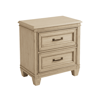 A small, rectangular wooden nightstand featuring two drawers, a distressed cream finish, and dark metal bar handles. It has decorative molding on the top and around the drawer fronts, resting on short, tapered block feet. — 3D model (AI enhanced source)