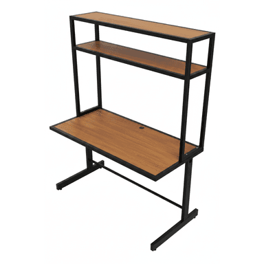 A contemporary desk unit featuring a black metal frame and wood-look laminate surfaces, incorporating a main rectangular desk surface and an integrated two-tier shelving hutch above. The design is minimalist and industrial-inspired, suitable for various modern office or home settings. — 3D model (AI enhanced source)