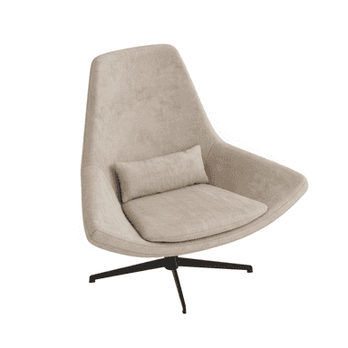 A modern upholstered lounge chair featuring a distinctive curved silhouette, light beige fabric upholstery, and a sleek black four-star swivel pedestal base. The chair includes an integrated, rectangular lumbar pillow for added comfort and ergonomic support. Its design is minimalist and contemporary, with clean lines and a welcoming form. — 3D model (AI enhanced source)