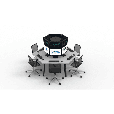 A multi-station office desk designed for collaborative work or trading environments, featuring a hexagonal shape with integrated monitors and seating arrangements. — 3D model (AI enhanced source)