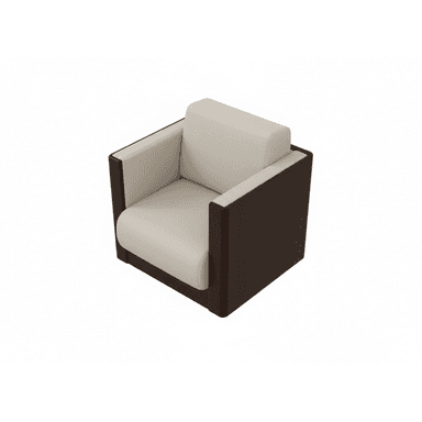 A single-seater upholstered armchair featuring a prominent dark wood exterior frame that encompasses the light-colored fabric cushions. — 3D model (AI enhanced source)