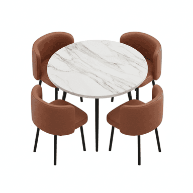A modern dining set consisting of a round dining table with a white marble-patterned top and black metal legs, accompanied by four matching dining chairs. The chairs feature a barrel-back design, upholstered in a tan or light brown material, and supported by slender black metal legs. — 3D model (AI enhanced source)