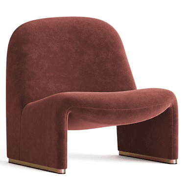 A modern armless lounge chair upholstered in a rich, reddish-brown velvet fabric. The chair features a continuous, sculptural form with soft, rounded edges and a low profile. Its base is accented with a slim, polished brass trim. — 3D model (AI enhanced source)