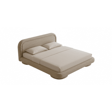 A modern platform bed featuring a fully upholstered frame and headboard. The design emphasizes soft, rounded edges throughout, creating a contemporary and inviting aesthetic. It is presented with a light-colored fabric upholstery and includes a mattress and two pillows, suggesting a minimalist and comfortable sleeping solution. — 3D model (AI enhanced source)