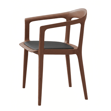 A modern dining chair crafted from dark brown wood, featuring a curved backrest that seamlessly integrates into the armrests. The seat is upholstered with a black padded cushion. The chair's design is minimalist, characterized by smooth lines and a sturdy yet elegant structure. The legs are tapered, contributing to its sleek profile. — 3D model (AI enhanced source)