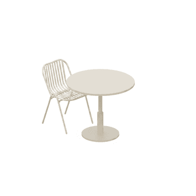 A modern dining set comprising a round table with a pedestal base and a matching chair. The chair features a slatted back and seat, supported by thin, angled legs. The table has a circular top and a central column extending to a circular base. Both pieces are unified by a minimalist design. — 3D model (AI enhanced source)