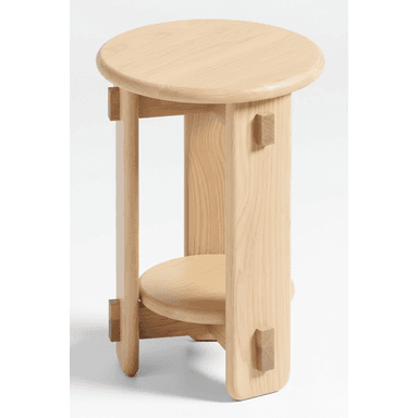 A minimalist natural ash wood stool featuring a round top, a smaller round lower shelf, and distinctive visible pegged joinery, presented against a white background. — 3D model (AI enhanced source)