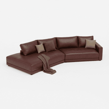 A modern L-shaped sectional sofa upholstered in dark reddish-brown (burgundy) leather, featuring a chaise lounge on the left side and multiple seat cushions, accompanied by various throw pillows and a draped olive-green blanket. — 3D model (AI enhanced source)