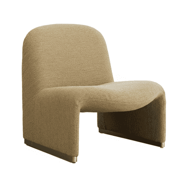 A contemporary armchair with a curved, organic silhouette. It features a low profile and a fully upholstered body with a textured fabric. The chair has a distinctive U-shaped base with a slender metal plinth at the bottom, providing subtle support. — 3D model (AI enhanced source)