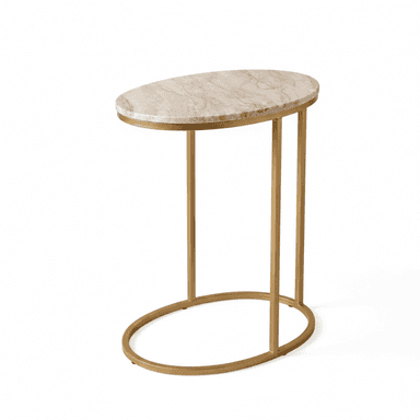 A modern C-shaped side table featuring an oval marble top and a gold-finished metal frame. The table's design allows its base to slide under a sofa or chair, bringing the tabletop closer to the user. — 3D model (AI enhanced source)