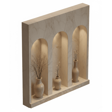 A contemporary display unit featuring three arched niches crafted from a light beige marble-effect material with subtle veining. Each niche is independently illuminated by integrated LED lighting, casting a soft glow on the items displayed within. The unit has a substantial, clean-lined form designed for showcasing decorative objects. — 3D model (AI enhanced source)