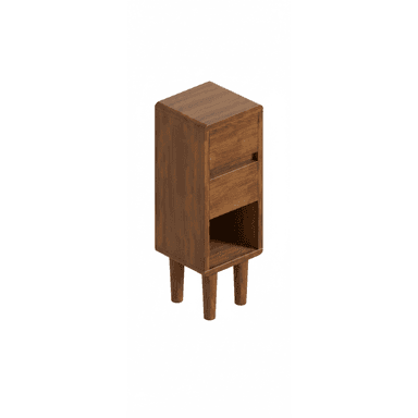 A compact, rectangular nightstand made of wood with a rich brown finish. It features a single drawer at the top and an open shelf below. The unit is supported by four tapered legs that angle outwards, giving it a mid-century modern aesthetic. — 3D model (AI enhanced source)