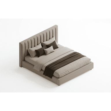 A modern upholstered platform bed featuring a tall, channel-tufted headboard and a low-profile frame. The bed is dressed with neutral-toned bedding, including pillows, a duvet, and a bed runner. — 3D model (AI enhanced source)