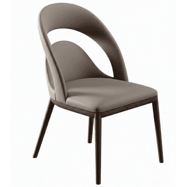 A modern dining chair featuring a unique curved backrest with an integrated cutout, upholstered in a taupe or light gray material, and supported by dark brown wooden legs. — 3D model (AI enhanced source)