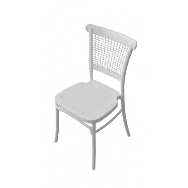 A white, single-piece molded plastic chair featuring a distinct open-weave pattern on its backrest, mimicking traditional wicker or rattan. The chair has a solid seat and subtly curved legs, suggesting a contemporary and lightweight design suitable for various settings. — 3D model (AI enhanced source)