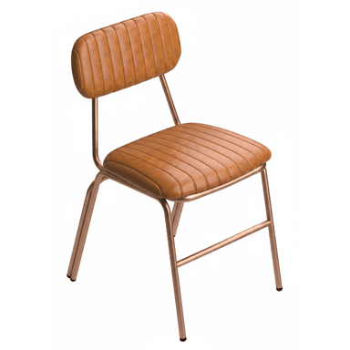 A contemporary dining chair featuring a slender, rose gold-toned metal frame and channel-tufted tan faux leather upholstery. The seat and backrest are both padded and vertically stitched, providing a distinct textured appearance. The chair has a minimalist profile with four splayed legs and a simple support structure for the backrest. — 3D model (AI enhanced source)