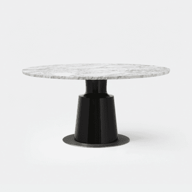 A modern round table featuring a white marble top with grey veining, supported by a glossy black, tapered pedestal base, which rests on a circular dark metal plate. — 3D model (AI enhanced source)
