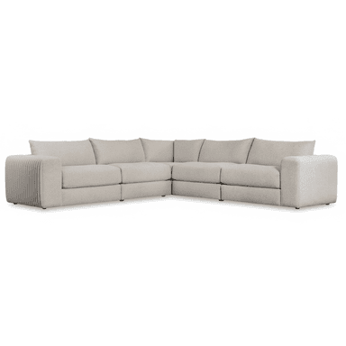A contemporary L-shaped sectional sofa featuring multiple upholstered modules in a light gray fabric. It has deep seats, plush back cushions, and a distinctive fluted armrest on the left side, providing both comfort and modern aesthetic appeal. The construction appears sturdy with low-profile feet. — 3D model (AI enhanced source)