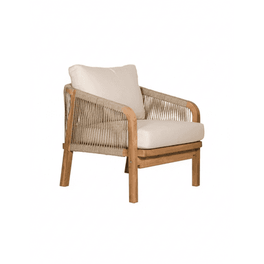 A single-seater outdoor lounge chair featuring a sturdy wooden frame, likely teak, with a natural finish. The backrest and armrests are crafted from tightly woven beige rope, creating a textural and open design. It includes a plush, light beige seat cushion and a matching back cushion for comfort. The chair has a relaxed, low-profile silhouette suitable for lounging. — 3D model (AI enhanced source)