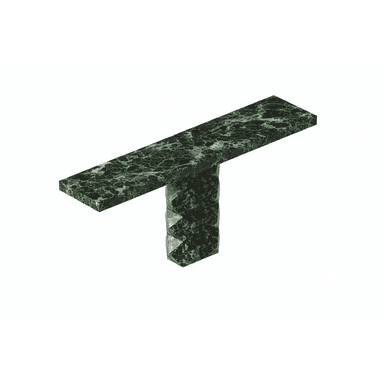 A console table crafted entirely from dark green marble, featuring a long, rectangular top supported by a central, sculptural, faceted base. The marble exhibits prominent lighter green and white veining. — 3D model (AI enhanced source)