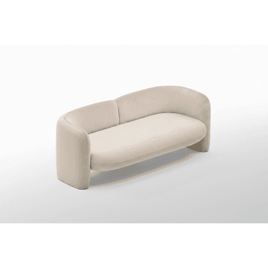 A contemporary loveseat upholstered in a light, neutral fabric, featuring a distinctive curved backrest and integrated rounded armrests. The piece has a monolithic appearance with no visible legs, suggesting a continuous, low-profile base. The design emphasizes soft lines and a plush, inviting form, suitable for modern interior settings. The fabric appears to have a subtle texture. — 3D model (AI enhanced source)