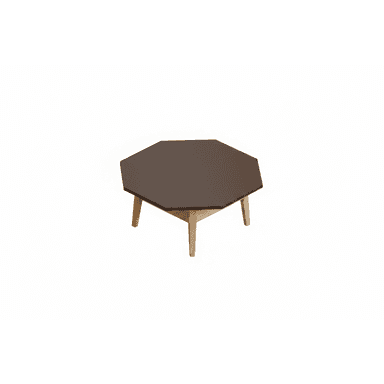 An octagonal coffee table with a dark brown tabletop and light-colored wooden legs. The legs are angled outwards for stability. The design appears to be modern or mid-century. — 3D model (AI enhanced source)
