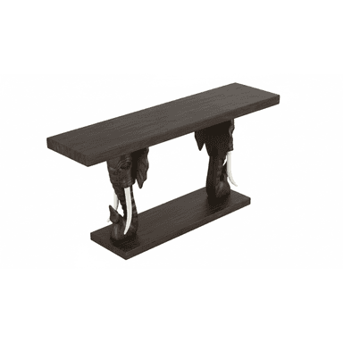 A dark wooden console table featuring intricately carved elephant heads as supports, complete with white tusks, connecting the tabletop to a lower base. — 3D model (AI enhanced source)
