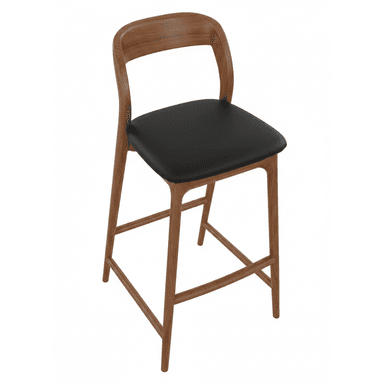 A contemporary bar stool featuring a warm-toned wooden frame, a curved backrest, and a padded black upholstered seat. — 3D model (AI enhanced source)