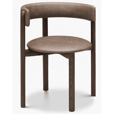 A contemporary armchair featuring a dark-stained solid wood frame and a curved backrest and round seat upholstered in brown leather. — 3D model (AI enhanced source)