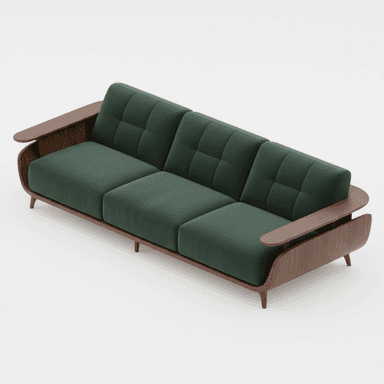 A three-seater sofa featuring a distinctive exposed wooden frame, dark green fabric upholstery, and subtle tufting on the back cushions. The wide, flat wooden armrests seamlessly integrate with the curved wooden side panels and slender tapered legs. — 3D model (AI enhanced source)