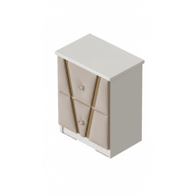 A contemporary nightstand featuring two drawers with upholstered fronts, accented by gold-colored trim and crystal-like knobs. The main body is a light, neutral color, complementing the beige fabric drawers. — 3D model (AI enhanced source)