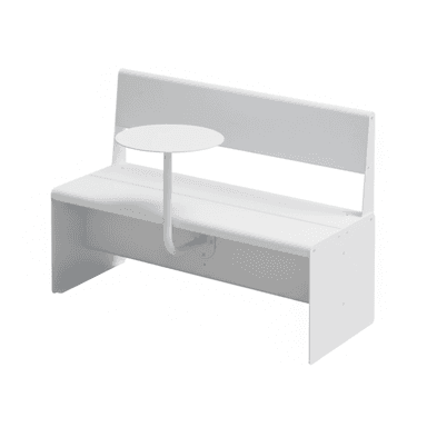 A modern, white bench with a built-in backrest and a small, round side table attached to a curved support arm. The bench has a clean, minimalist design with straight lines and a solid construction, suitable for public spaces or contemporary interiors. — 3D model (AI enhanced source)