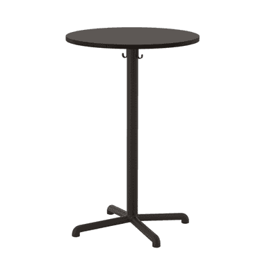 A tall, round-top bar table with a single central pedestal base. The table features a dark finish and includes two small hooks attached to the underside of the tabletop, likely for hanging items. — 3D model (AI enhanced source)