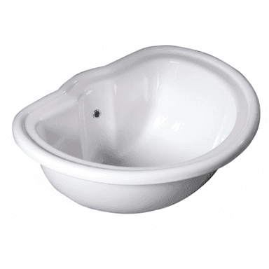A white, high-gloss freestanding bathtub featuring an organic, asymmetrical shape with smoothly rounded edges and a centrally located drain. — 3D model (AI enhanced source)