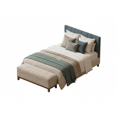 An upholstered platform bed featuring a channel-tufted headboard, accompanied by a matching upholstered bench placed at the foot. The bed is adorned with multiple pillows and layered bedding, including a green throw blanket. — 3D model (AI enhanced source)