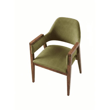 A mid-century modern armchair with a wooden frame and upholstered seat, back, and armrests. The frame is constructed from dark wood, and the upholstery is a textured olive green fabric. The chair features slightly tapered legs and armrests that are integrated into the wooden frame. — 3D model (AI enhanced source)