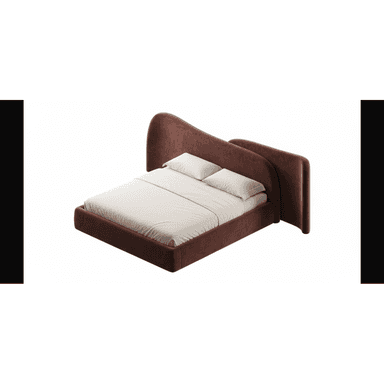 A modern platform bed with a distinctive asymmetrical design, fully upholstered in a rust brown velvet-like fabric. It features a curvilinear headboard that seamlessly extends into an integrated, raised side panel, creating a sculptural and cohesive sleeping unit. The bed includes a platform base for mattress support, showcasing a contemporary and plush aesthetic. — 3D model (AI enhanced source)