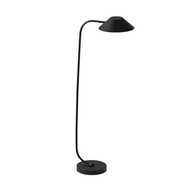 A tall, slender floor lamp with a matte black finish, a curved stem, a conical shade, and a round flat base. — 3D model (AI enhanced source)