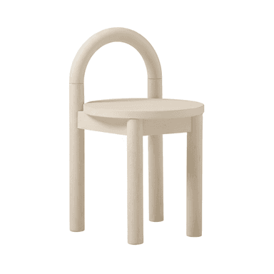 A contemporary accent chair featuring a minimalist design crafted from light-toned wood. It has a round seat and four cylindrical legs, with a distinctive semi-circular arched backrest. The overall aesthetic is modern and sculptural. — 3D model (AI enhanced source)
