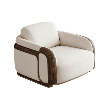 A contemporary upholstered armchair featuring a plush, rounded form. It showcases dark wood veneer accents along the outer armrests and back, complemented by subtle polished brass or gold-finished metal detailing near the base. The chair is upholstered in a light, textured cream or beige fabric, presenting a luxurious and inviting appearance. — 3D model (AI enhanced source)