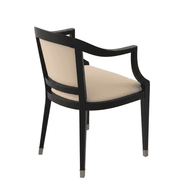 A dark-framed armchair with a light-colored upholstered seat and back. The armchair features curved arms and legs with metallic accents at the base. — 3D model (AI enhanced source)