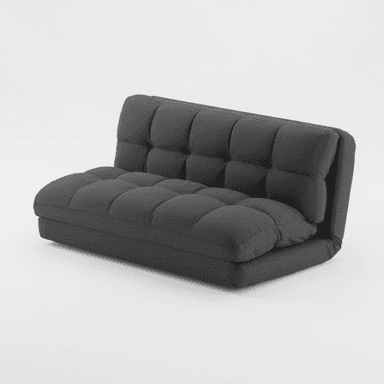 A contemporary, floor-level futon sofa designed for versatility and comfort, upholstered in a dark gray tufted fabric. It features a segmented design that allows for an adjustable backrest, suggesting functionality as both a seating option and a reclining or sleeping surface. The cushioning is substantial, providing a plush appearance. Its compact, legless form factor makes it suitable for various living arrangements. — 3D model (AI enhanced source)