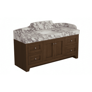 A freestanding bathroom vanity with a marble countertop and a wooden base. The countertop is white with dark purple veining and features an integrated sink. The base has a dark wood finish, with two cabinet doors in the center and four drawers on the sides. The hardware consists of small, round, gold-toned pulls. — 3D model (AI enhanced source)