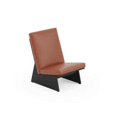 An armless lounge chair featuring a low-profile, angular design. The frame is constructed from black-finished metal, forming a distinctive geometric base. Both the seat and the steeply angled backrest are upholstered in a smooth, warm brown faux leather, providing a contrasting texture and color. The overall aesthetic is minimalist and contemporary. — 3D model (AI enhanced source)
