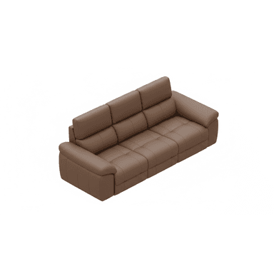 A modern three-seater sofa upholstered in brown leather, featuring individual seat and back cushions with an adjustable headrest design for each seating position. The sofa has thick, rounded padded armrests and subtle tufting details on the seat cushions. — 3D model (AI enhanced source)