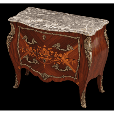 An antique-style bombe commode featuring a variegated gray and white marble top, a gracefully curved, swelling form, and two full-width drawers. The commode is constructed from a rich, reddish-brown wood, possibly mahogany or kingwood, with intricate floral marquetry on the drawer fronts. It is heavily adorned with ornate brass ormolu mounts along the edges, feet, and drawer pulls, enhancing its classical Rococo aesthetic. — 3D model (AI enhanced source)