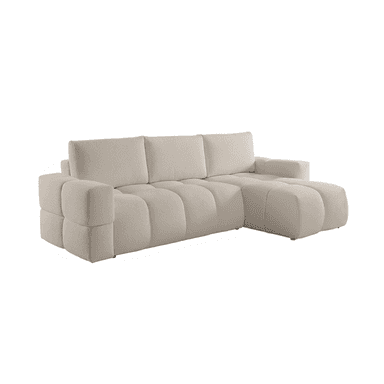 A large, L-shaped sectional sofa upholstered in a light, textured fabric, featuring a contemporary, modular design with rounded, plush segments for the seat, back, and armrests, and a prominent chaise lounge extension. — 3D model (AI enhanced source)